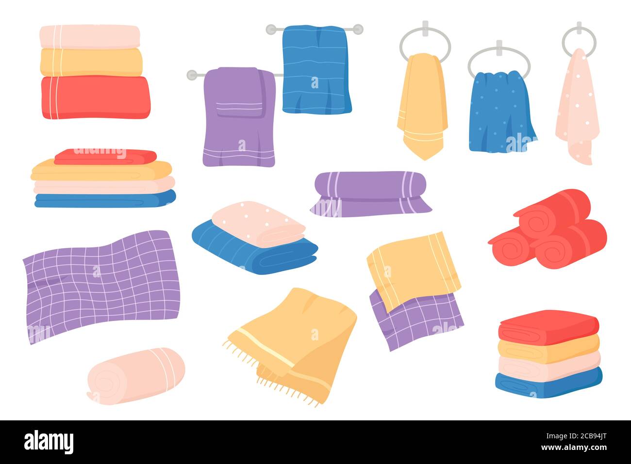 Fabric towels set. Cloth towel for bath, hygiene. Bathroom textile cartoon vector illustration