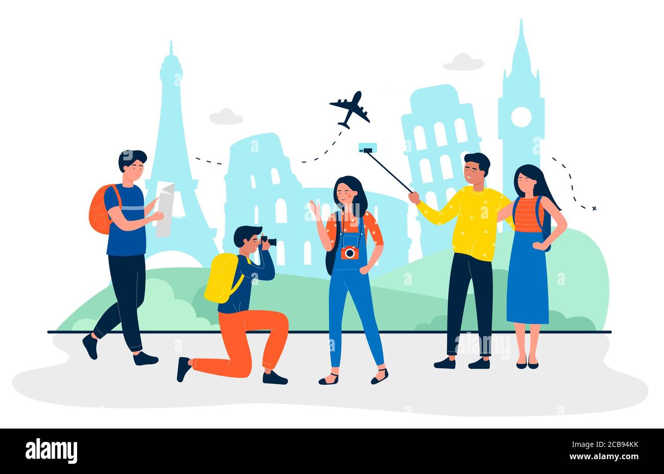 Tourists are at sightseeing flat travel concept vector illustration. People making photo and selfie for memory. Travel agency, leisure industry, airlines, individual and group tours Stock Vector