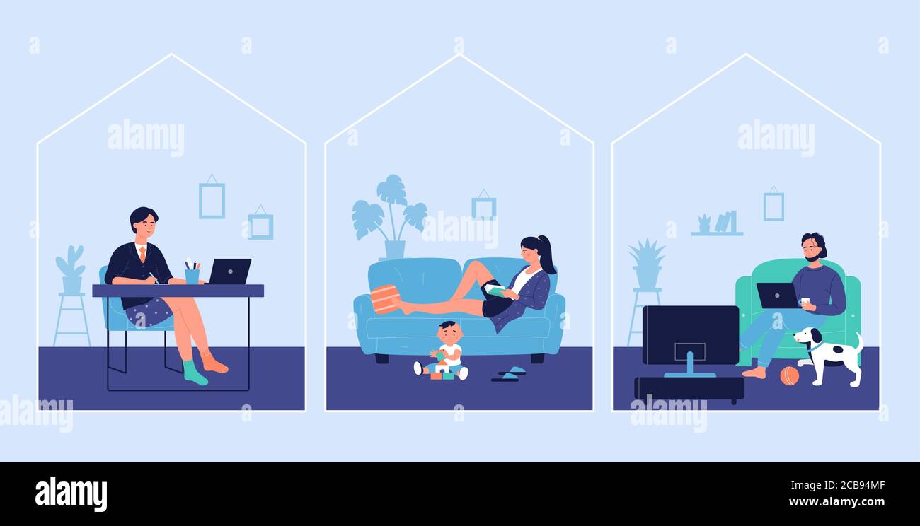 Stay at home for work and hobby activity concept vector illustration. Cartoon flat happy businessman working in home office, mother reading book while kid plays with toys, active man surfing internet Stock Vector