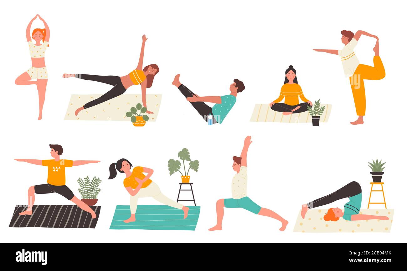 Young people in yoga poses set flat vector illustration isolated on white background. Yogi Man and woman training at home doing main yoga exercises. Personal trainer, workout class, healthy lifestyle. Stock Vector
