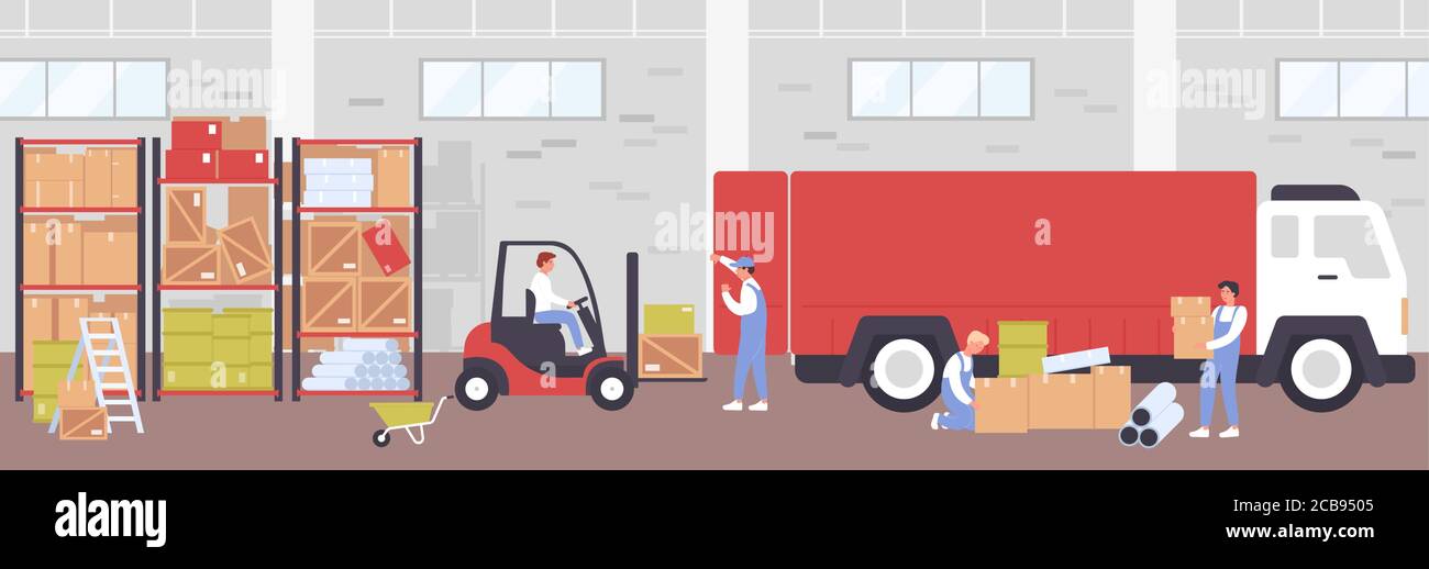 Warehouse delivery process vector illustration. Cartoon flat worker people using loader forklift for loading boxes to delivering truck, working in storehouse building, logistic service background Stock Vector