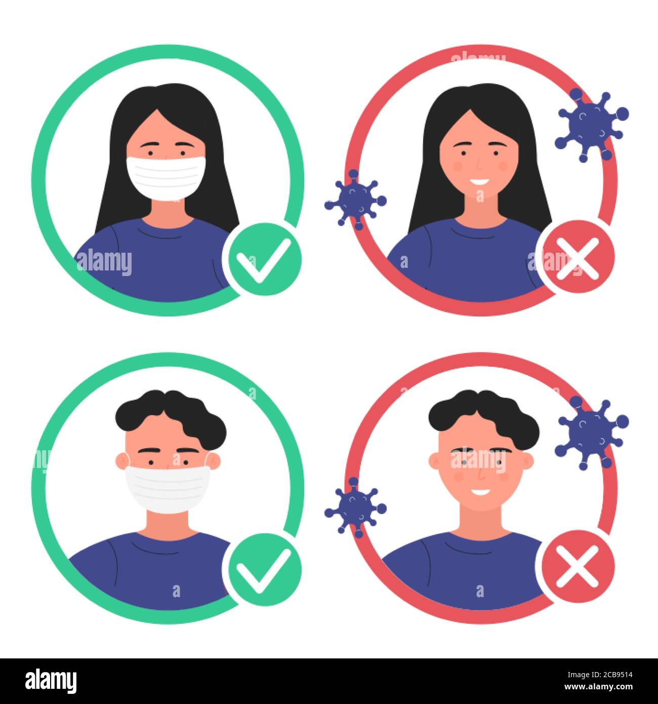 People without protection mask enter are not allowed. No entry sign stickers can be used in Store, cafe, supermarket or any public space. Man and woman with mask and without flat vector illustration. Stock Vector