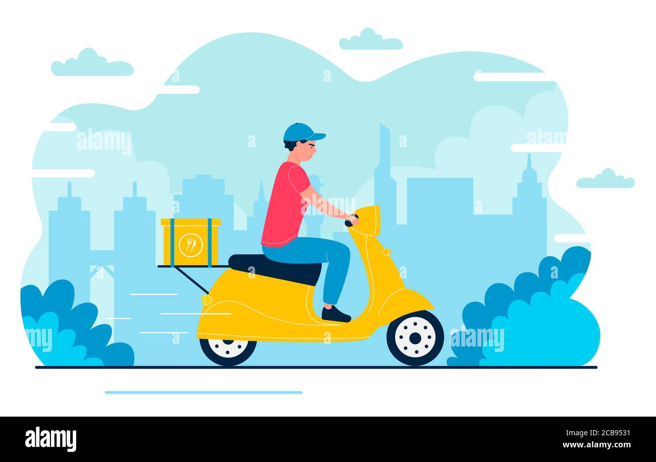 Deliveryman vector illustration. Cartoon flat fast courier, postman character driving scooter, delivering package box in express shipment to home address. Fast delivery service isolated on white Stock Vector