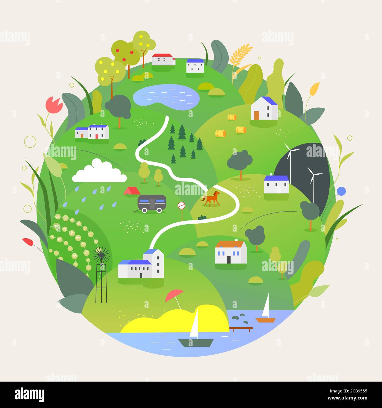 Summer Earth planet vector illustration. Cartoon flat green globe with summertine rural countryside eco farmland landscape with farm, save nature ecology for future, global Earth Day isolated on white Stock Vector Image Summer Earth planet vector illustration. Cartoon flat green globe with summertine rural countryside eco farmland landscape with farm, save nature ecology for future, global Earth Day isolated on white Stock Vector Image