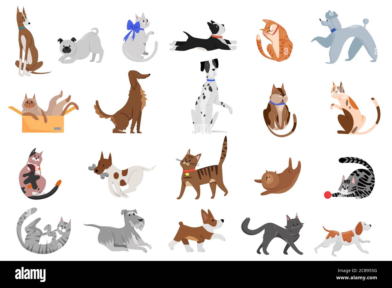 Cute funny cartoon domestic pets characters flat vector illustration. Different breed of cats and dogs walking, playing and posing. Stock Vector