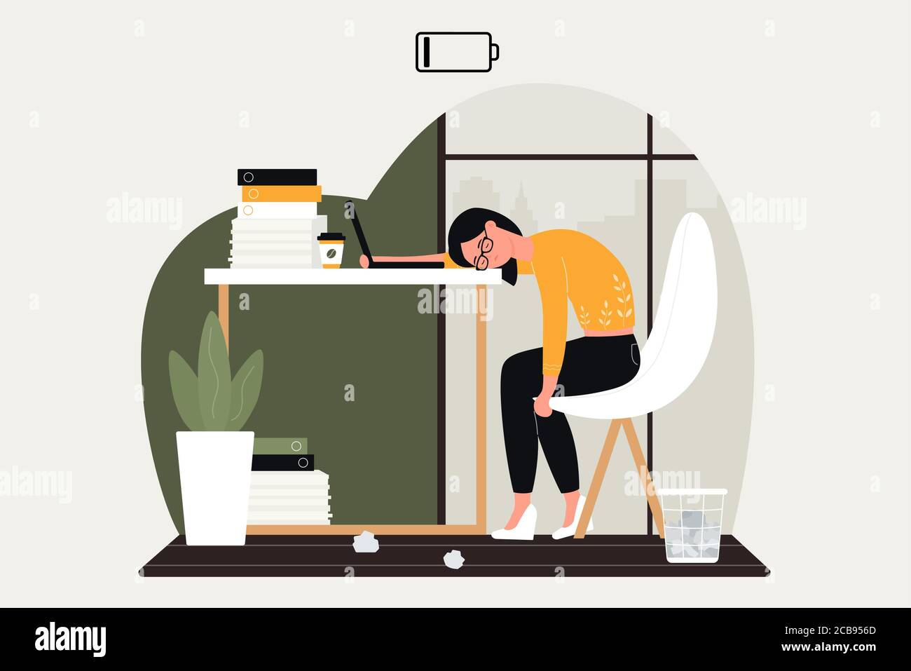 Work problem vector illustration. Cartoon sad woman character working hard in crisis, upset by problematical business task, businesswoman sitting at table, frustrated in emotional overwork burnout Stock Vector