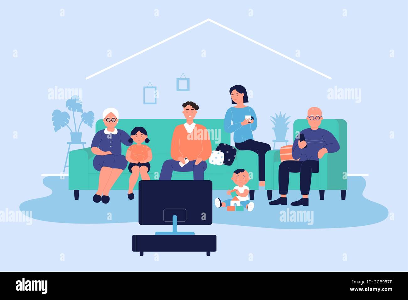 Happy big family at home vector illustration. Cartoon flat adult characters and children sitting on sofa together and watching TV news or movie in living room. Family relax in evening time background Stock Vector