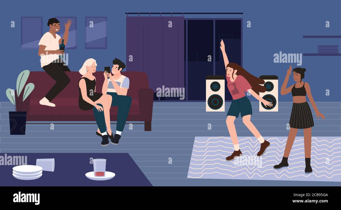 People in home party vector illustration. Cartoon happy flat man woman characters spending fun time together, young friend or couple sitting on couch, dancing in home apartment living room interior Stock Vector