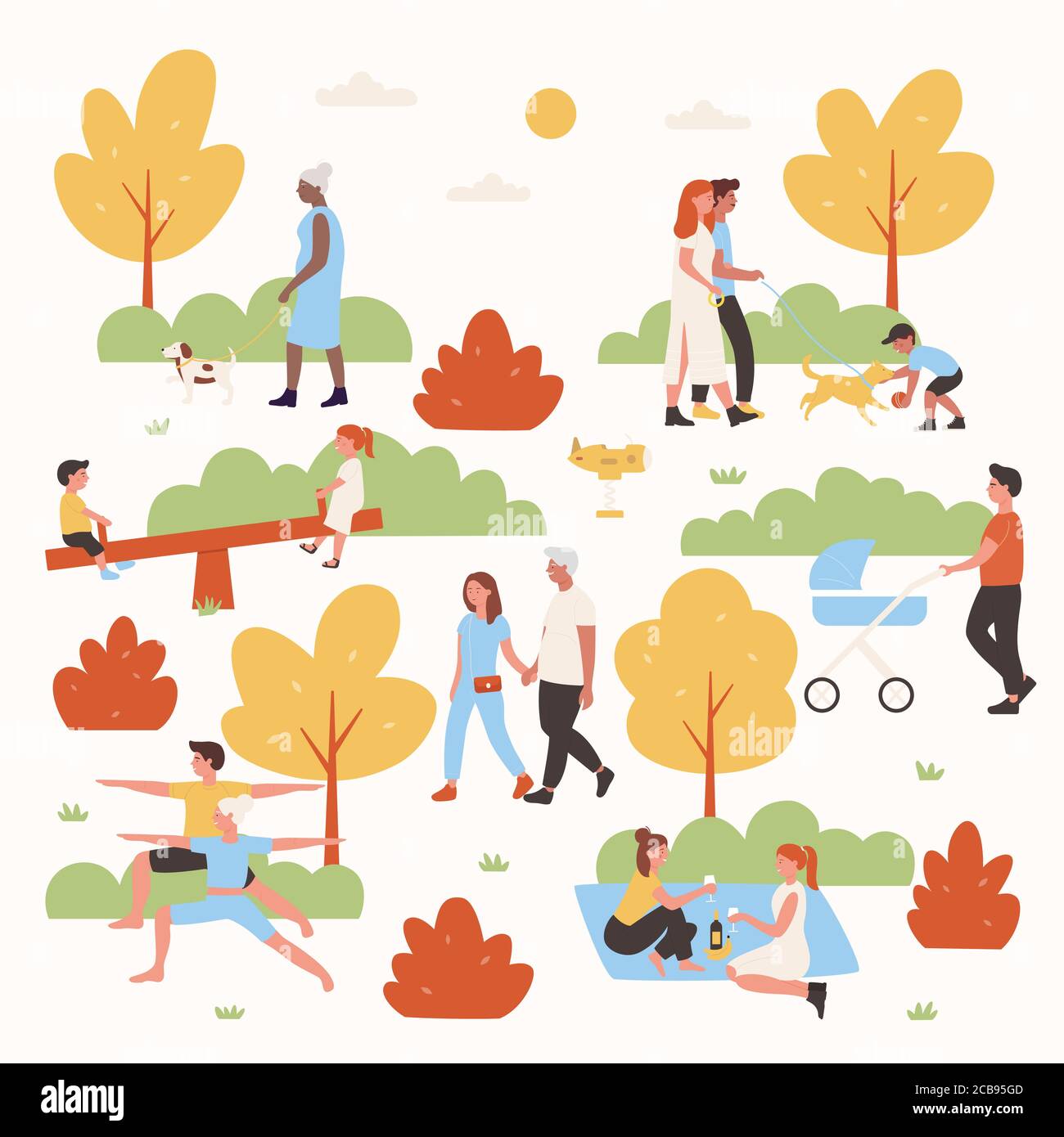 People relax in park vector illustration. Cartoon flat woman man couple characters or family with kid have fun in summer city park, walk, do yoga outdoor exercises, relaxing weekend isolated on white Stock Vector