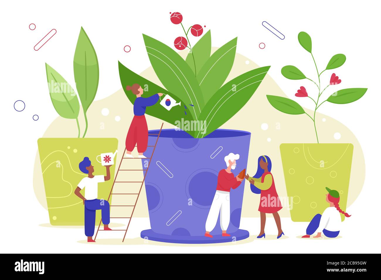 Environmental agriculture to save earth ecology vector illustration. Cartoon flat tiny gardener people watering plant or natural flowers, growing in big pot, characters care green life nature in farm Stock Vector