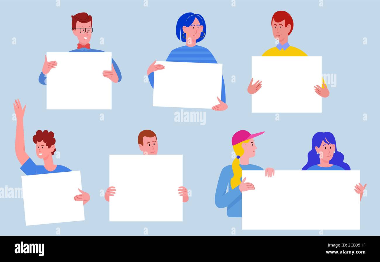 Young men and women holding clean empty board banners. Half body people demonstrating placards sings cartoon flat vector illustration. Protesting crowd, demonstration, political meeting, parade. Stock Vector