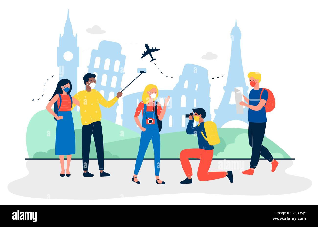 Tourists with medical masks are at sightseeing flat travel vector illustration. People making photo and selfie for memory. Men and women wearing protection from virus. Travel agency concept Stock Vector