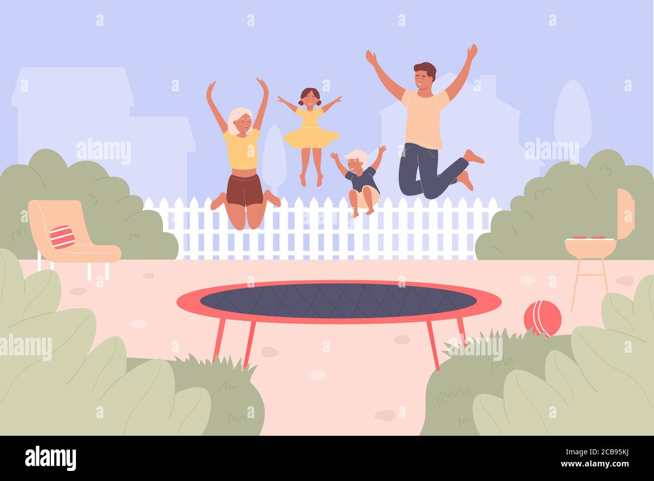 Trampoline jumping vector illustration. Cartoon flat family people jump and have fun together, active happy jumper characters bounce high on trampoline. Summer leisure outdoor activity background Stock Vector