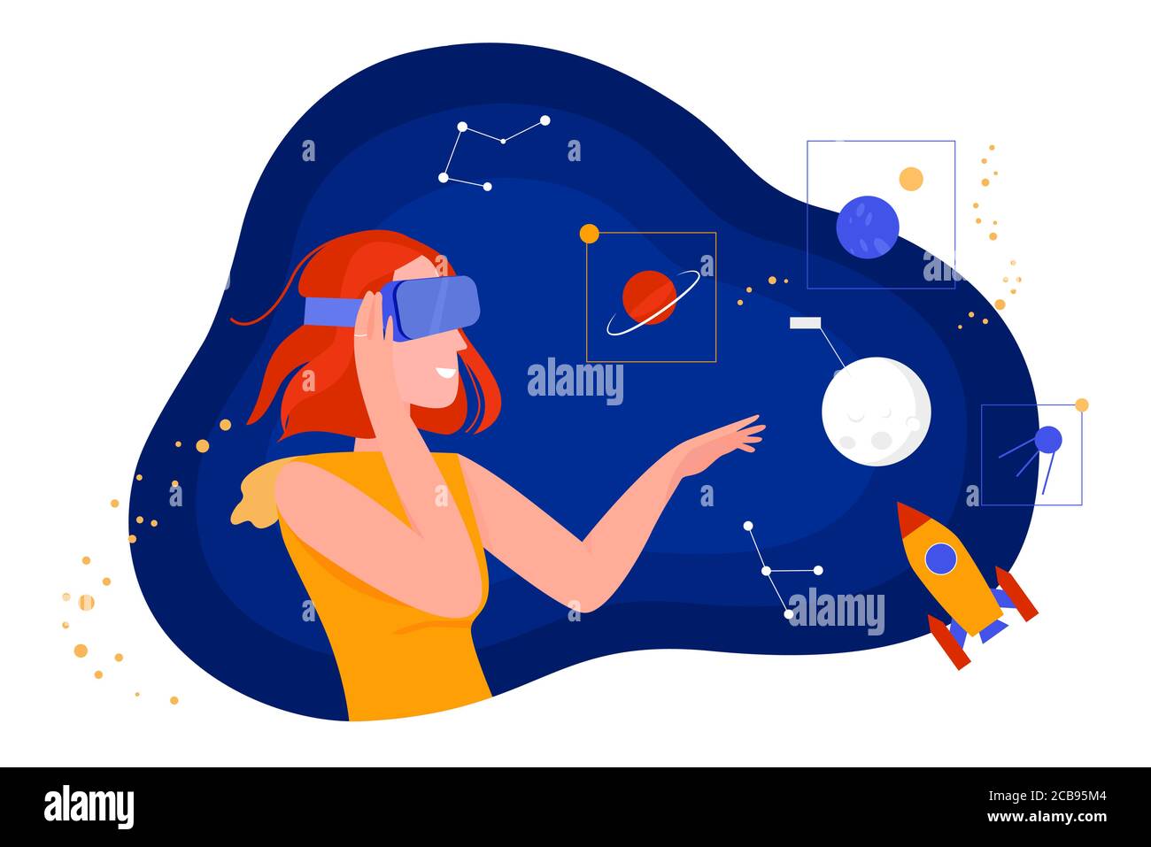 People in virtual reality vector illustration. Cartoon flat woman character  in vr glasses headset looking at dream universe space with planet, star,  spaceship. Imagination, augmented reality concept Stock Vector Image & Art -