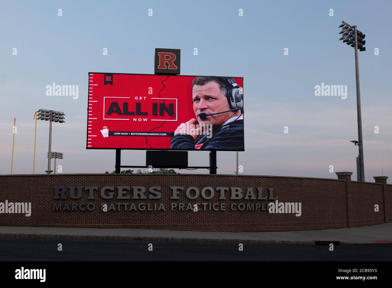 Piscataway, New Jersey, USA. 11th Aug, 2020. Rutgers Head coach GREG SCHIANO appears on a billboard at Rutgers football practice field in Piscataway, New Jersey. Rutgers, a member of the Big 10 Conference. The Big Ten Conference announced the postponement ofÂ the 2020-21 fall sports season, including all regular-season contests and Big Ten Championships and Tournaments, due to ongoing health and safety concerns related to the COVID-19 pandemic Credit: Brian Branch Price/ZUMA Wire/Alamy Live News Stock Photo