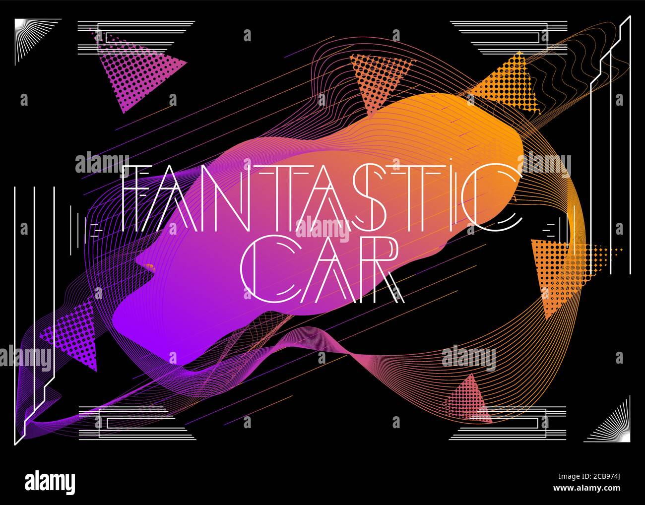 Art Deco Fantastic Car text. Decorative greeting card, sign with ...