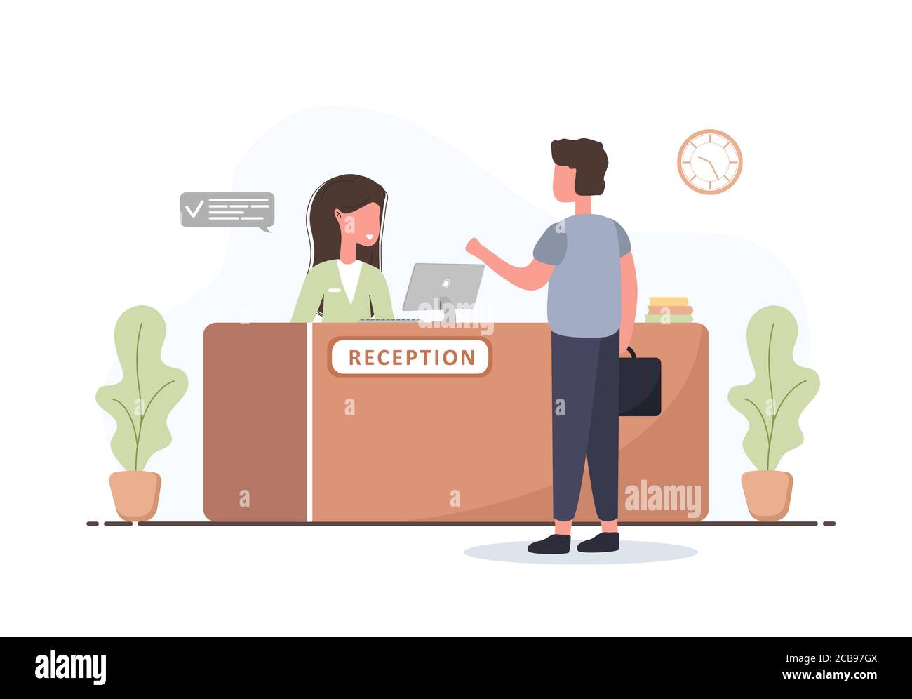 Reception interior. Young woman receptionist and man with briefcase at reception desk. Hotel booking, clinic, airport registration, bank or office Stock Vector