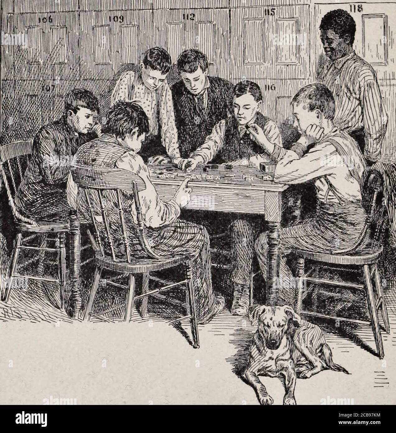 An evening game of dominoes in the newsboys lounge house in New York City, circa 1892 Stock Photo