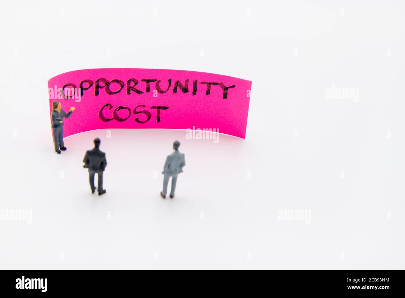 Presentation meeting with miniature figurines posed as business people standing in front of post-it note with Opportunity Cost handwritten message in Stock Photo