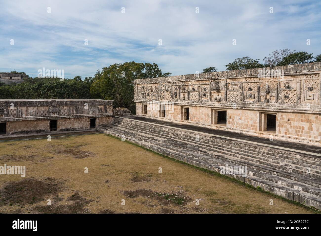 The south and west buildings of the Nunnery Quadrangle in the pre-Hispanic Mayan ruins of Uxmal, Mexico. Stock Photo