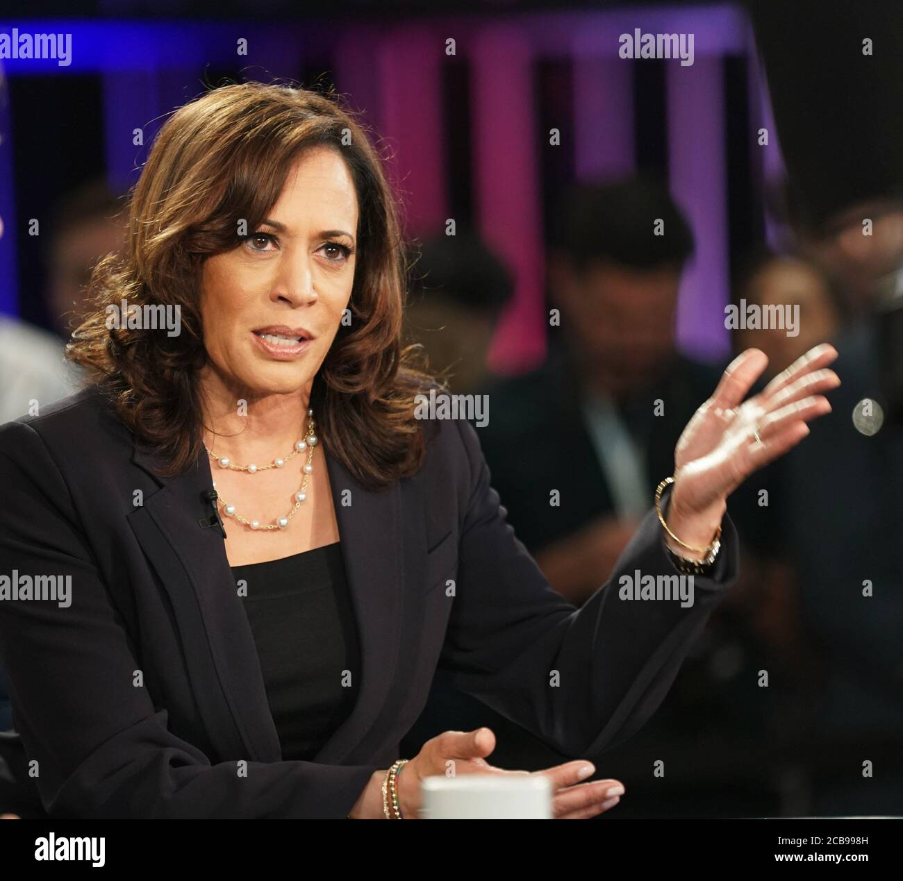 Beijing, China. 11th Aug, 2020. File photo taken on June 27, 2019 shows Senator Kamala Harris of California being interviewed after the second night of the first Democratic primary debate in Miami, Florida, the United States. Former U.S. Vice President and presumptive Democratic nominee Joe Biden announced on Aug. 11, 2020 that he has picked Senator Kamala Harris of California as his running mate. Credit: Liu Jie/Xinhua/Alamy Live News Stock Photo