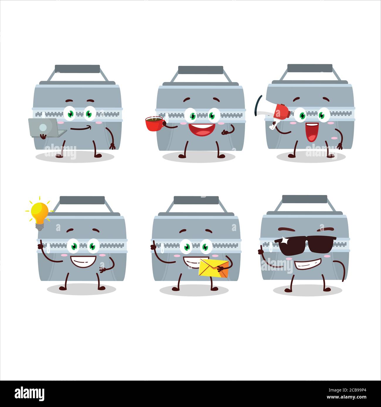 Grey lunch box cartoon character with various types of business