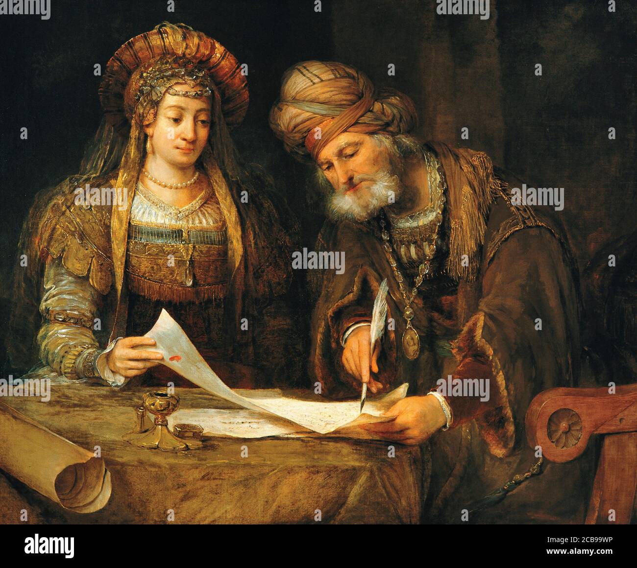 Esther and Mordecai writing the first letter of Purim - Aert de Gelder, 1675 Stock Photo