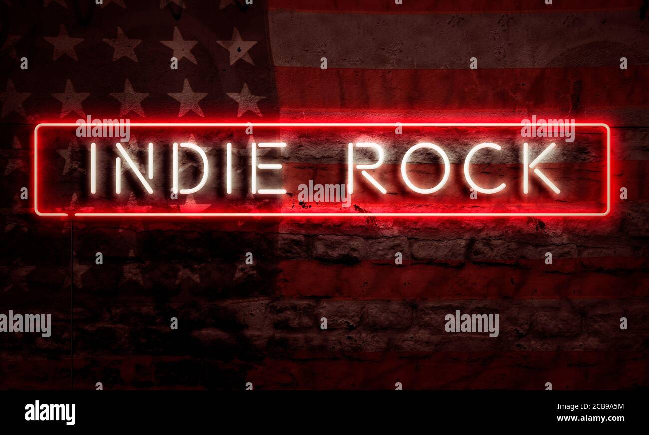 Indie Rock Rock And Roll Pop Art Word Neon Sigh With American Flag Grunge Brick Graffiti Wall USAPop Art Word Neon Sigh With American Flag Grunge Bric Stock Photo