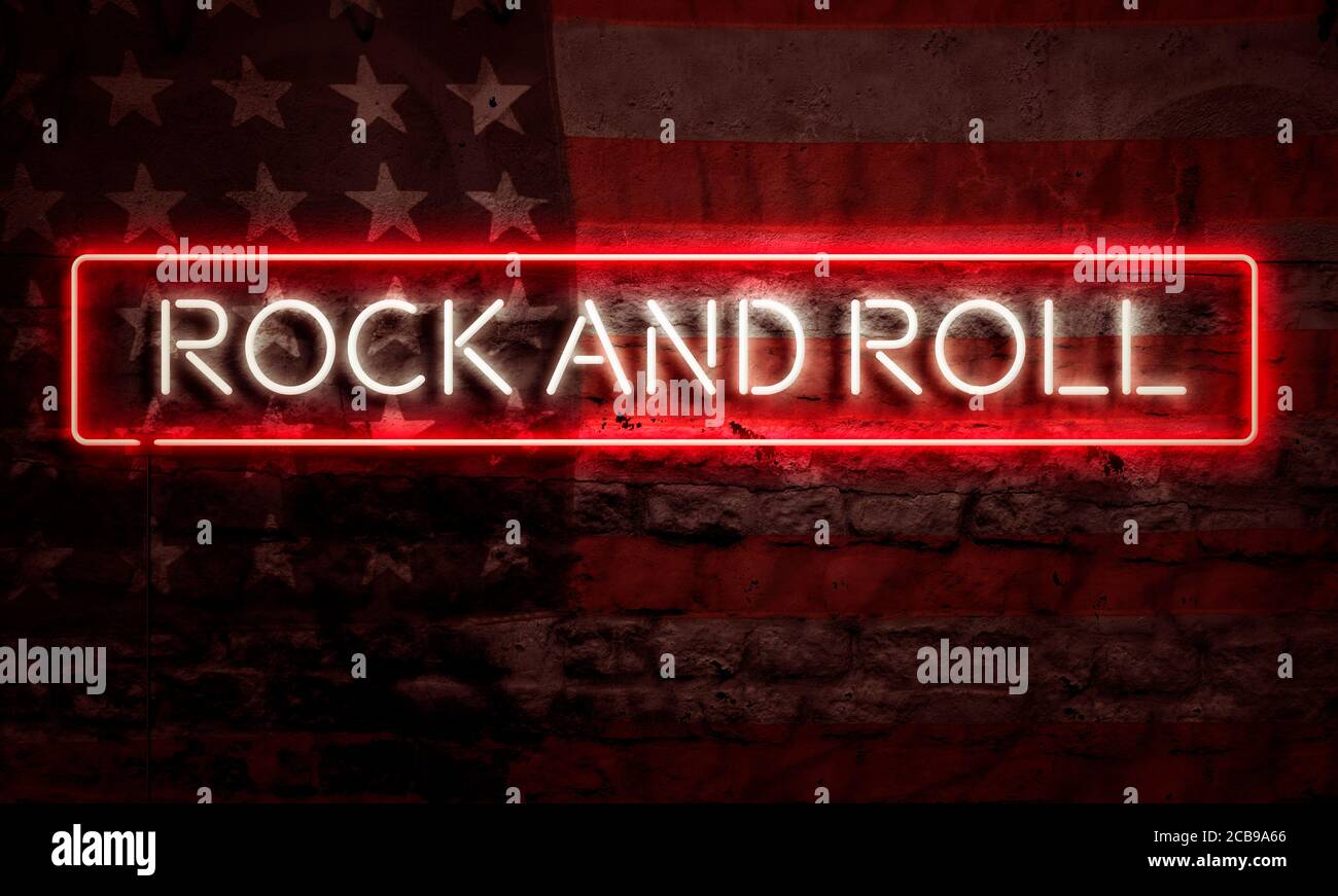 Rock And Roll Pop Art Word Neon Sigh With American Flag Grunge Brick Graffiti Wall USA Stock Photo