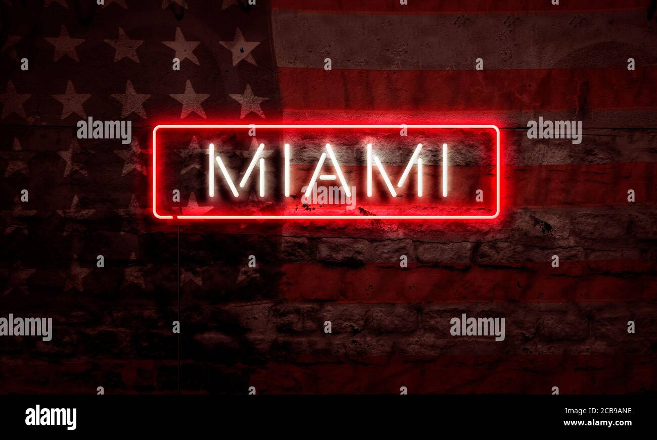 Miami City Pop Art Word Neon Sigh With American Flag Grunge Brick Graffiti Wall Stock Photo