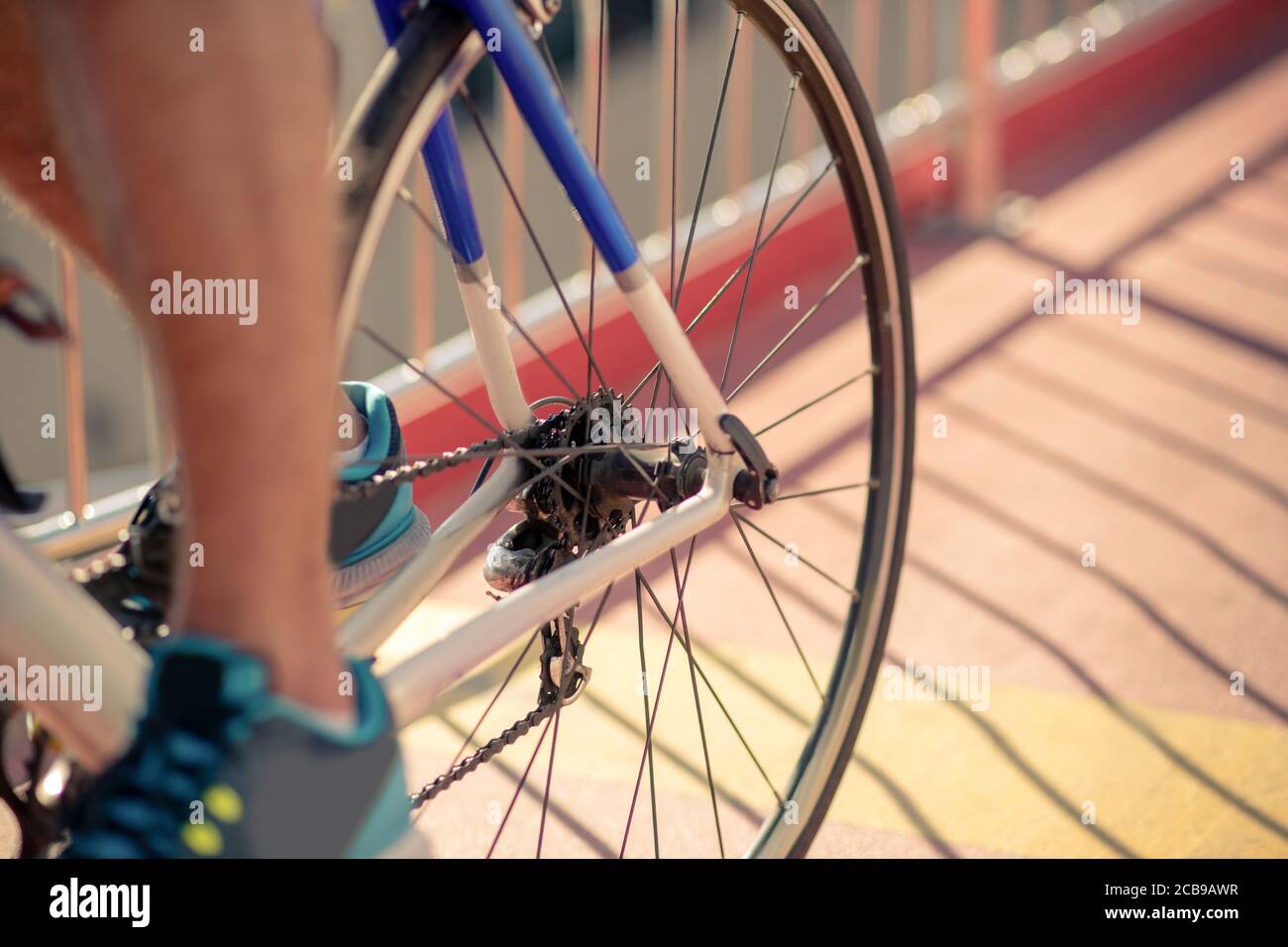 Cyclists foot in sneaker and bicycle wheel Stock Photo Alamy