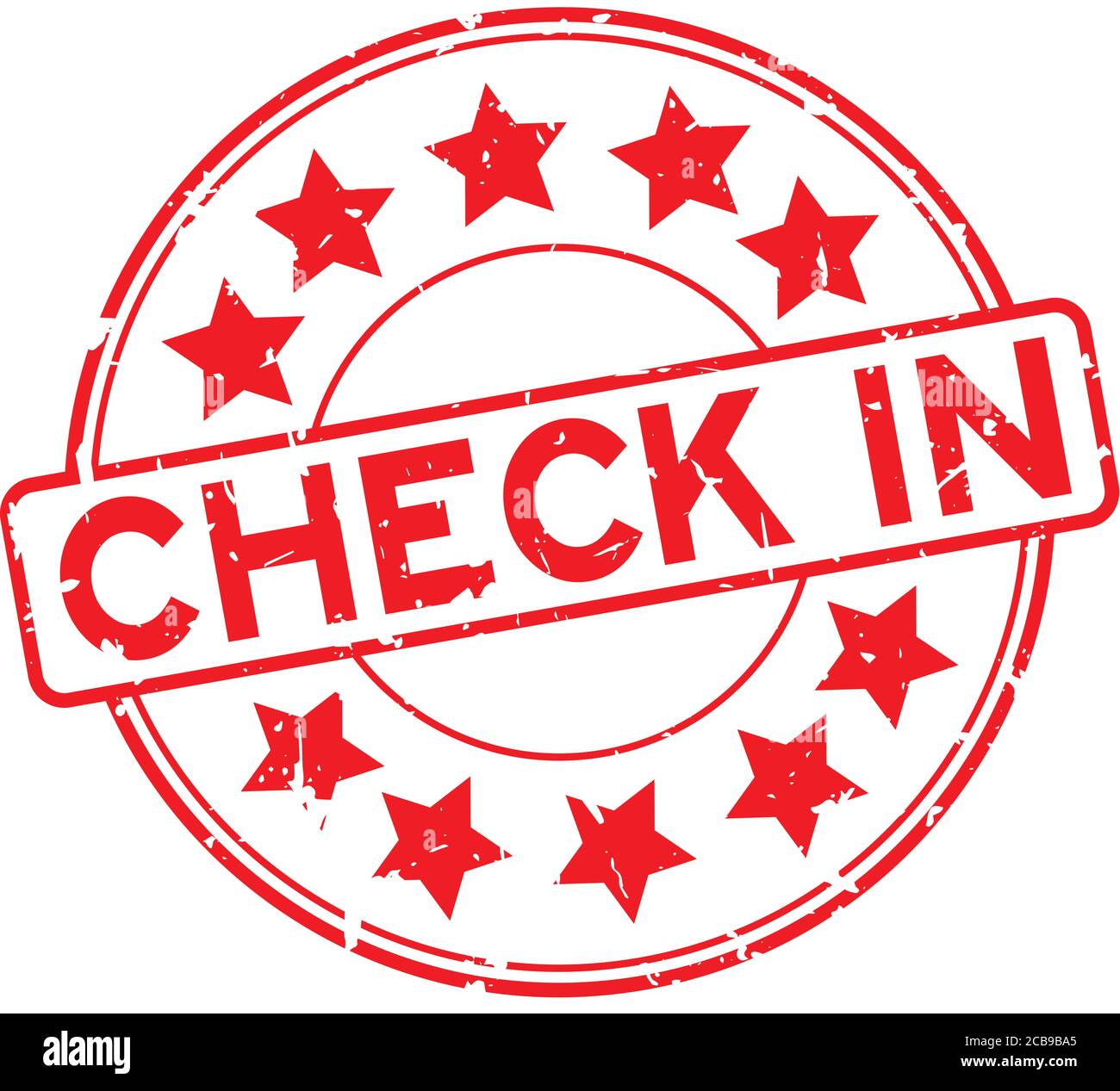 Grunge red check in word with star icon round rubber seal stamp on ...