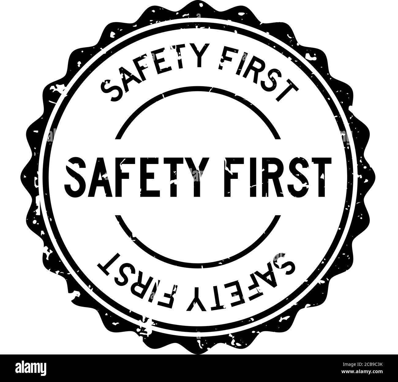 Grunge black safety first word round rubber seal stamp on white