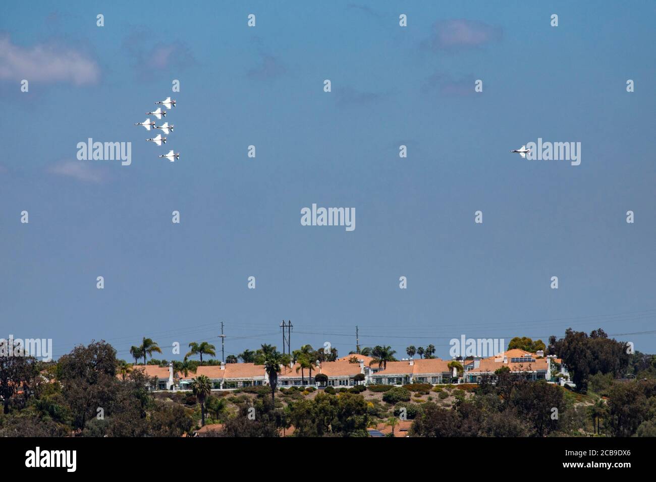 The United States Air Force Thunderbirds fly over Carlsbad and San Diego County hospitals in a salute to healthcare workers during Covid-19. Stock Photo