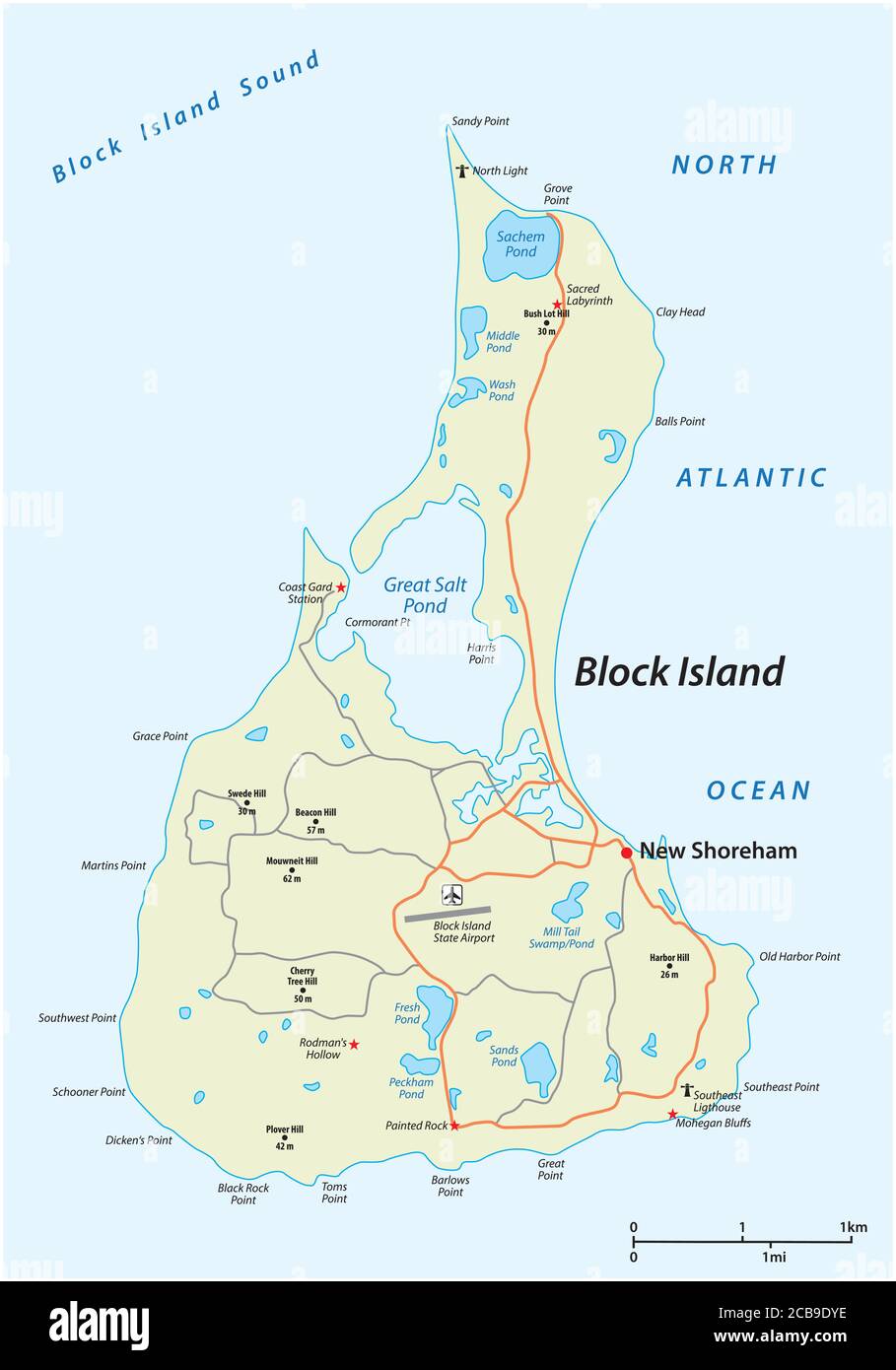 vector road map of Block Island, Rhode Island, United States Stock Vector