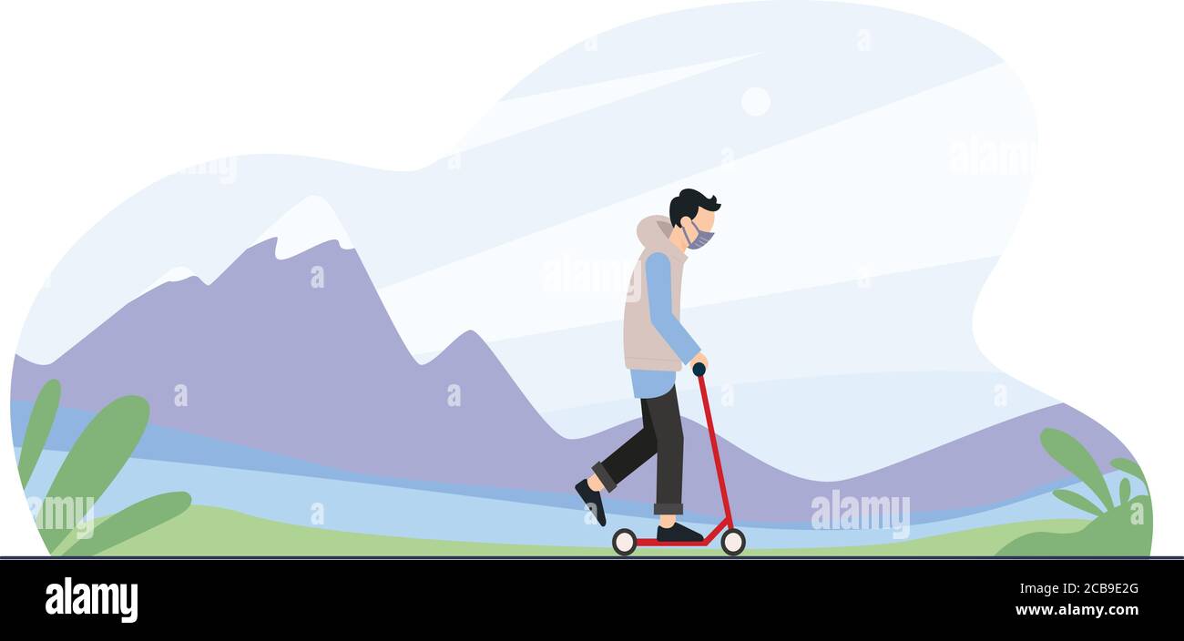 Young man on kick scooter. Guy with backpack rolling on electric scooter. Hipster character uses modern urban transport. Stock Vector