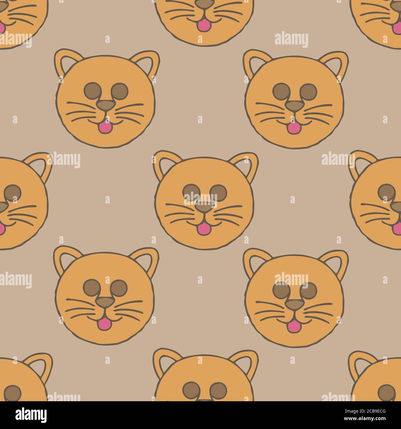 Cats seamless vector pattern with hearts. Cute hand drawn kitten faces. Stock Vector