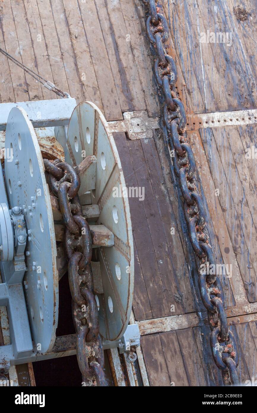 NORTH SEA NORWAY - 2015 MAY 17. Running rig chain onboard on a offshore anchor handler vessel.e oil rig anchor line. Stock Photo