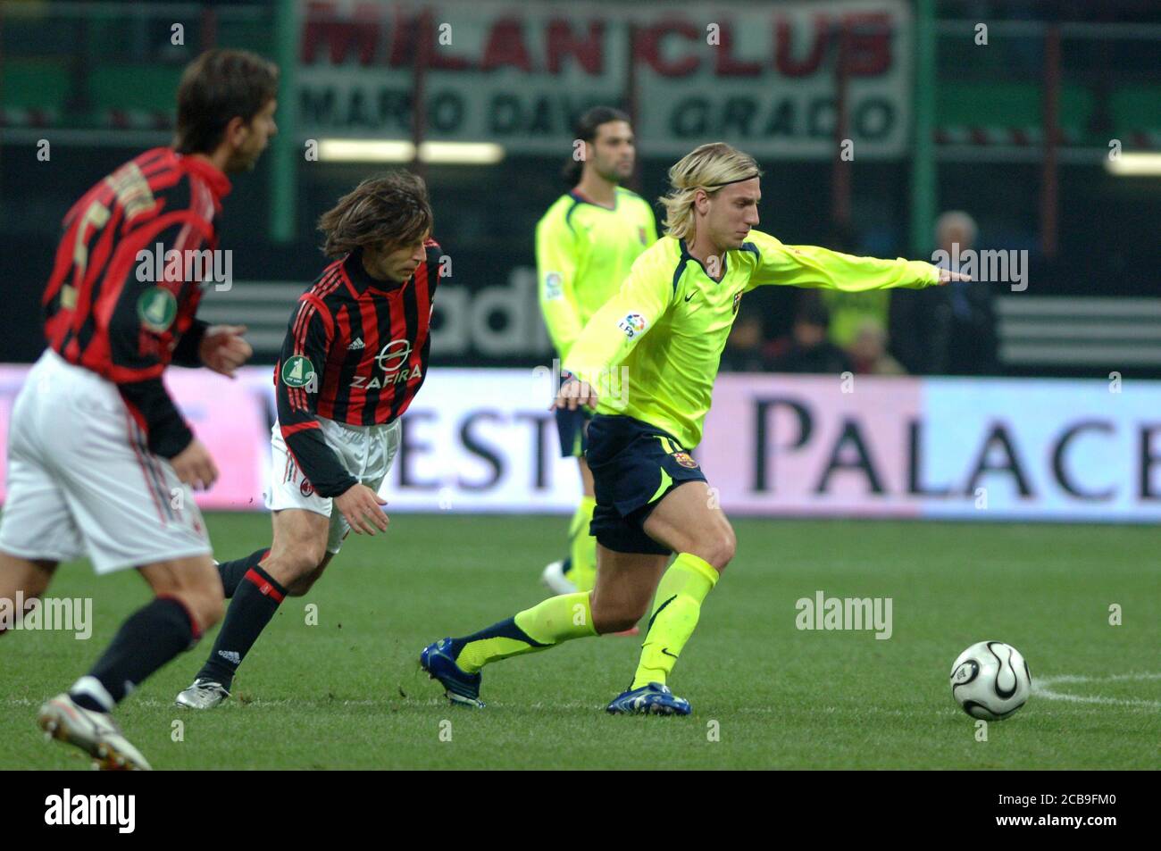 Milan  Italy, 16 March 2006, Sansiro Stadium, 'Notte di Stelle' Demetrio Albertini's football farewell match , AC Milan - FC Barcelona : Maxi Lopez and Andrea Pirlo in action during the match Stock Photo