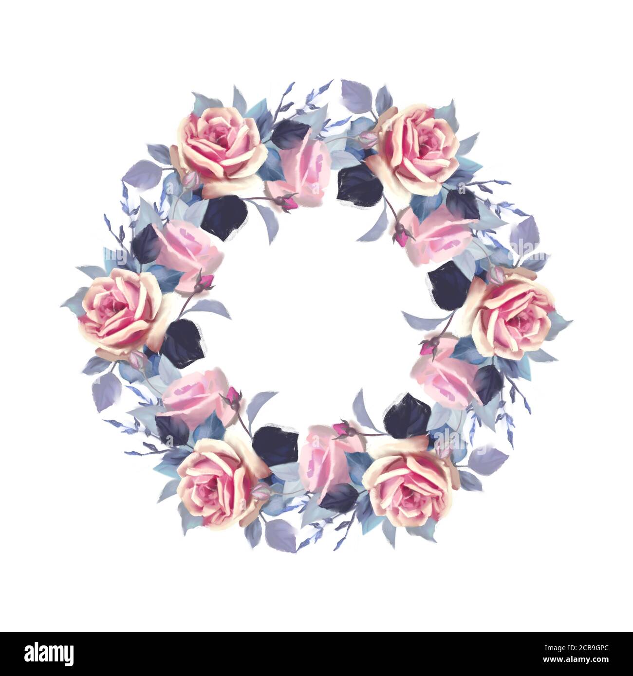 Wreath of flowers. Pink roses. Round frame Stock Photo Alamy