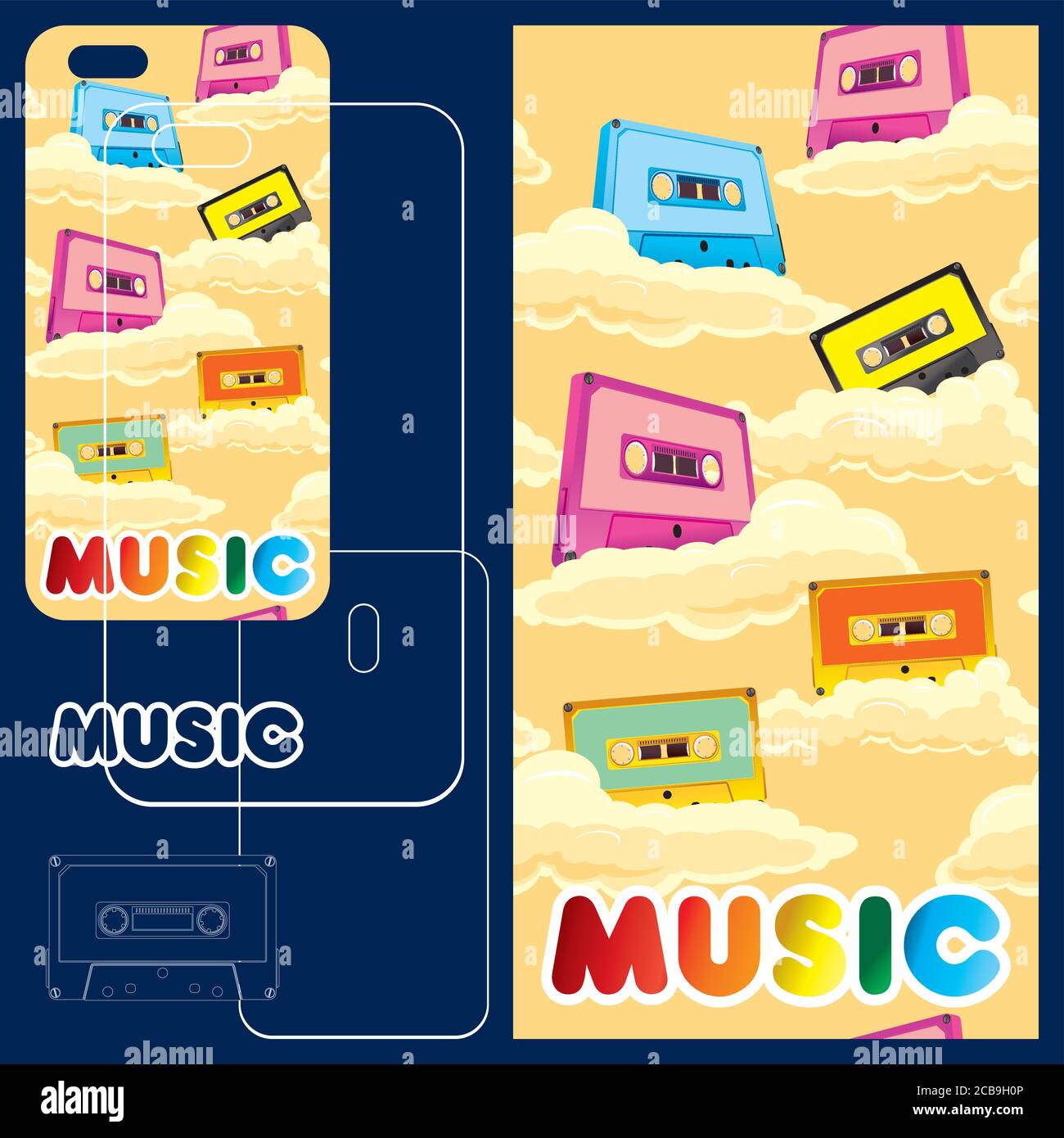 illustration for smartphone cases and bumpers. Music audio cassettes and rainbows. fashionable image on the theme of disco and rock music, disco party Stock Vector