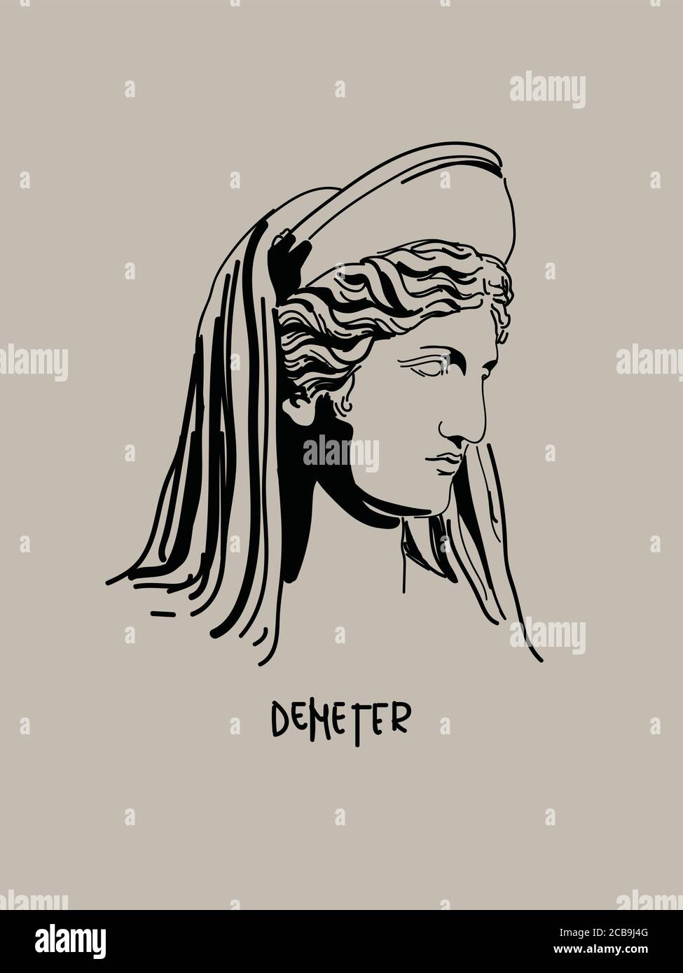 Greek Goddess Demeter Vector Art Portrait. Minimalist Shadow Drawing on Beige Stock Vector