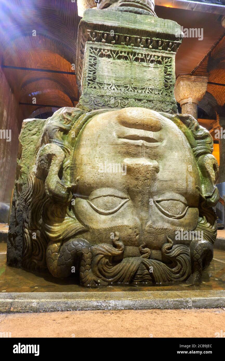 Medusa head capital in the interior of the Basilica Cistern, or Sunken Cistern. Sultanahmet. Istanbul. Turkey. Stock Photo