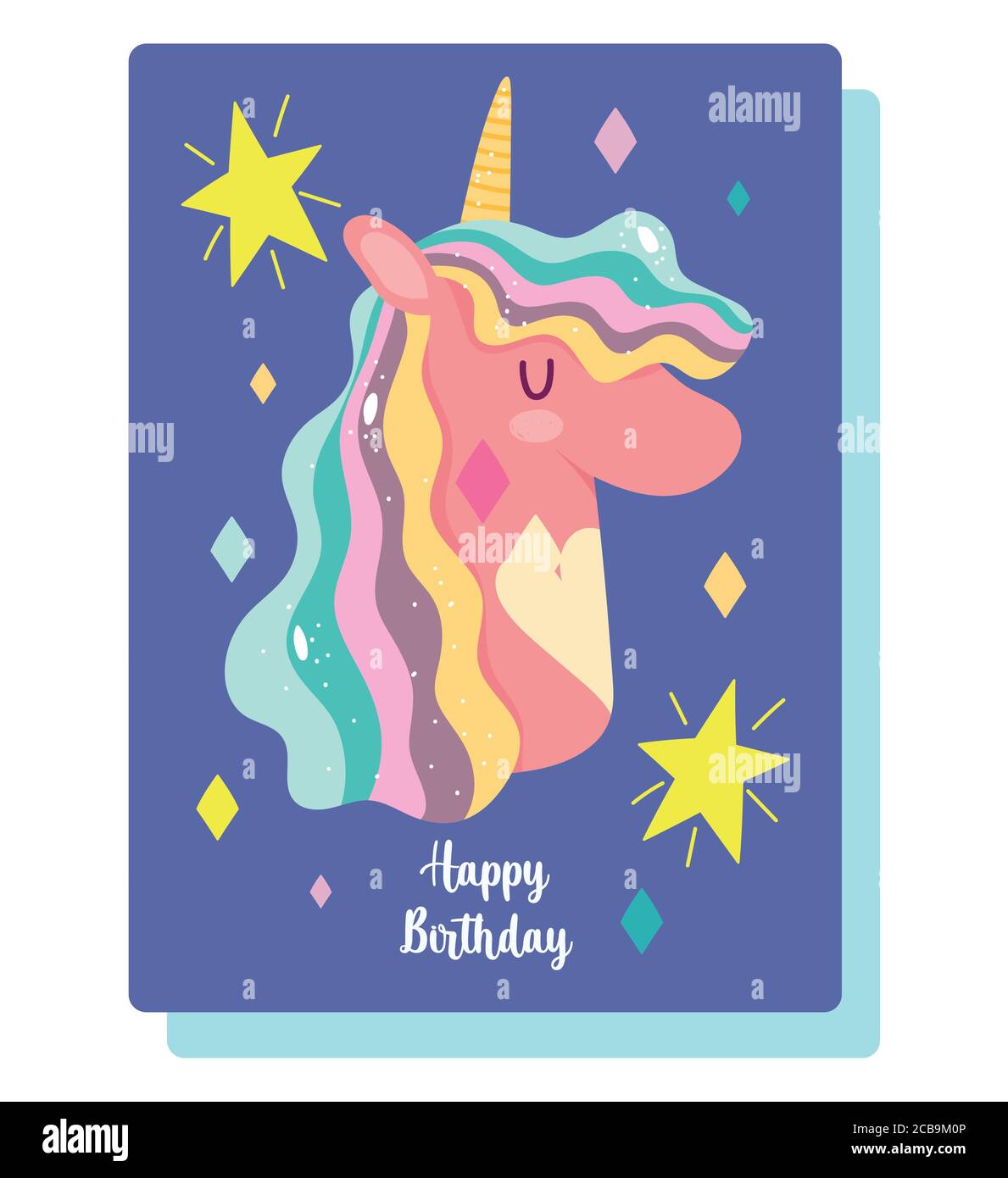 happy birthday unicorn cartoon invitation card stars rainbow decoration vector illustration Stock Vector