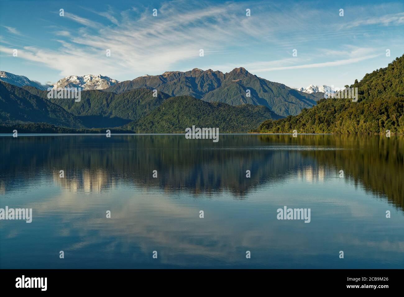 Early morning sunlight at Lake Kaniere, Hokitika, West Coast, New Zealand. Stock Photo