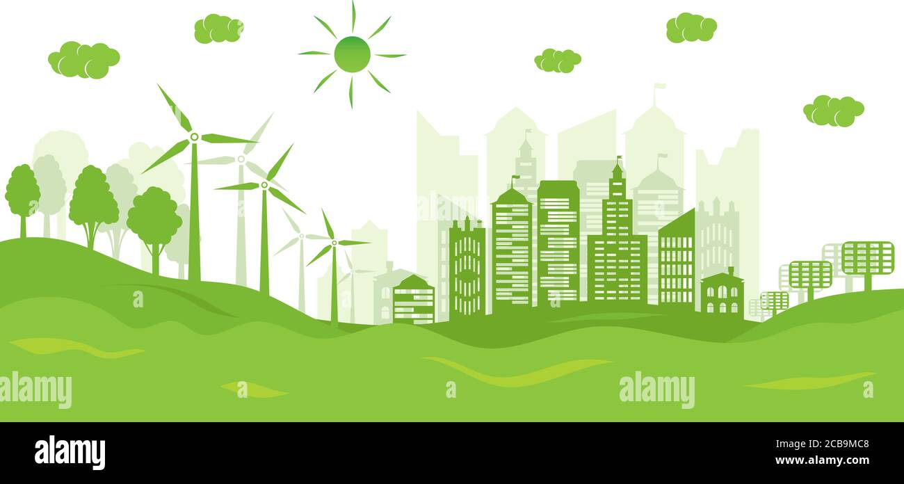 Green city concept and environment conservation. Renewable energy with a wind generators and solar panels. Vector Illustration. Stock Vector