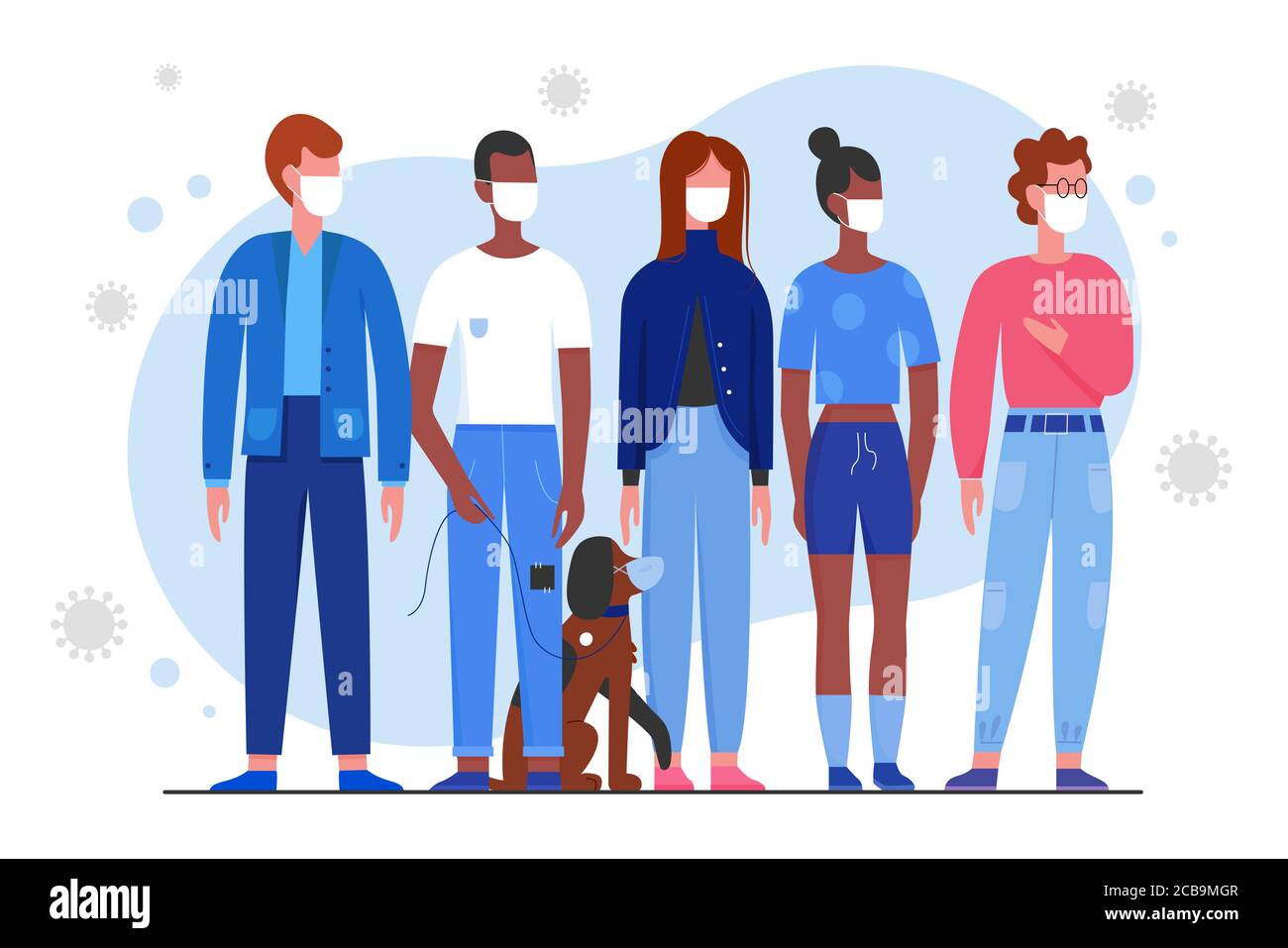 Crowd of young people in medical masks character flat vector illustration. Man, woman and dog stand together, use respirator to protect breath from covid 19 virus in air. Poster, banner, web Stock Vector