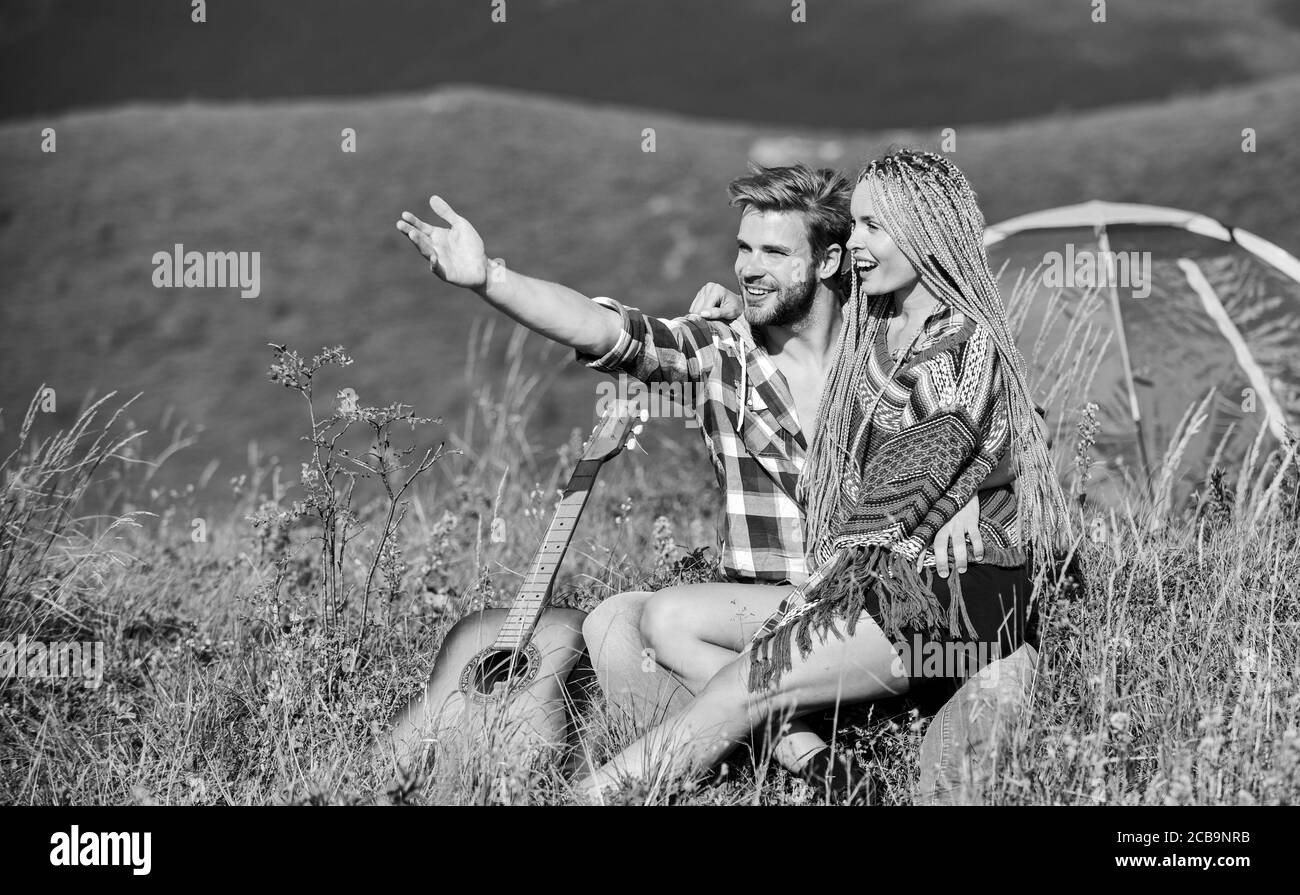 Passionate Love Friendship Campfire Songs Men Play Guitar For Girl Happy Friends With Guitar Couple In Love Spend Free Time Together Country Music Romantic Date Western Camping Hiking Stock Photo Alamy alamy