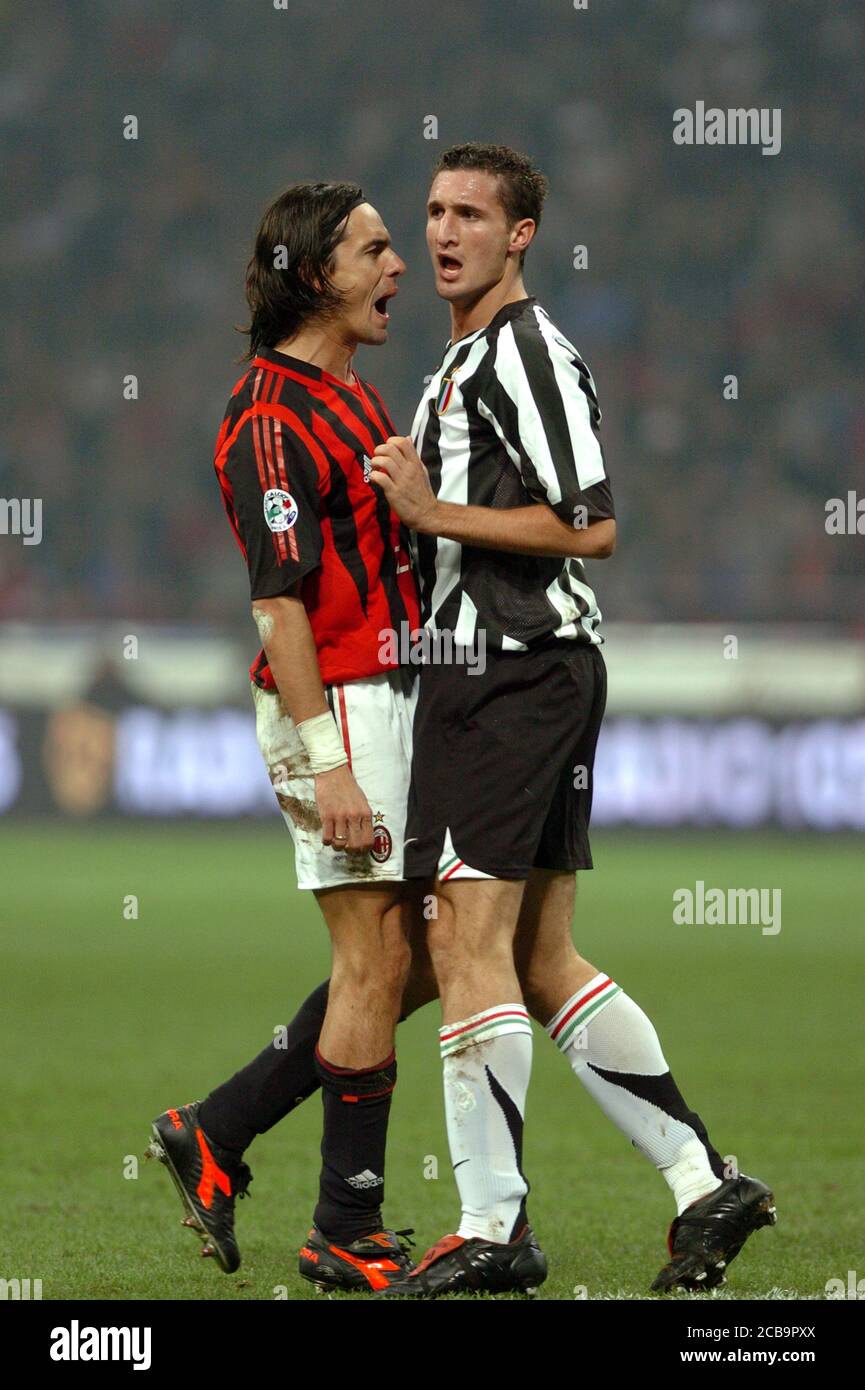 Milan  Italy, 29 October 2005, 'G.MEAZZA SAN SIRO ' Stadium,Campionato di Calcio Seria A 2005/2006,  AC Milan - FC Juventus: Filippo Inzaghi and Giorgio Chiellini during the match Stock Photo