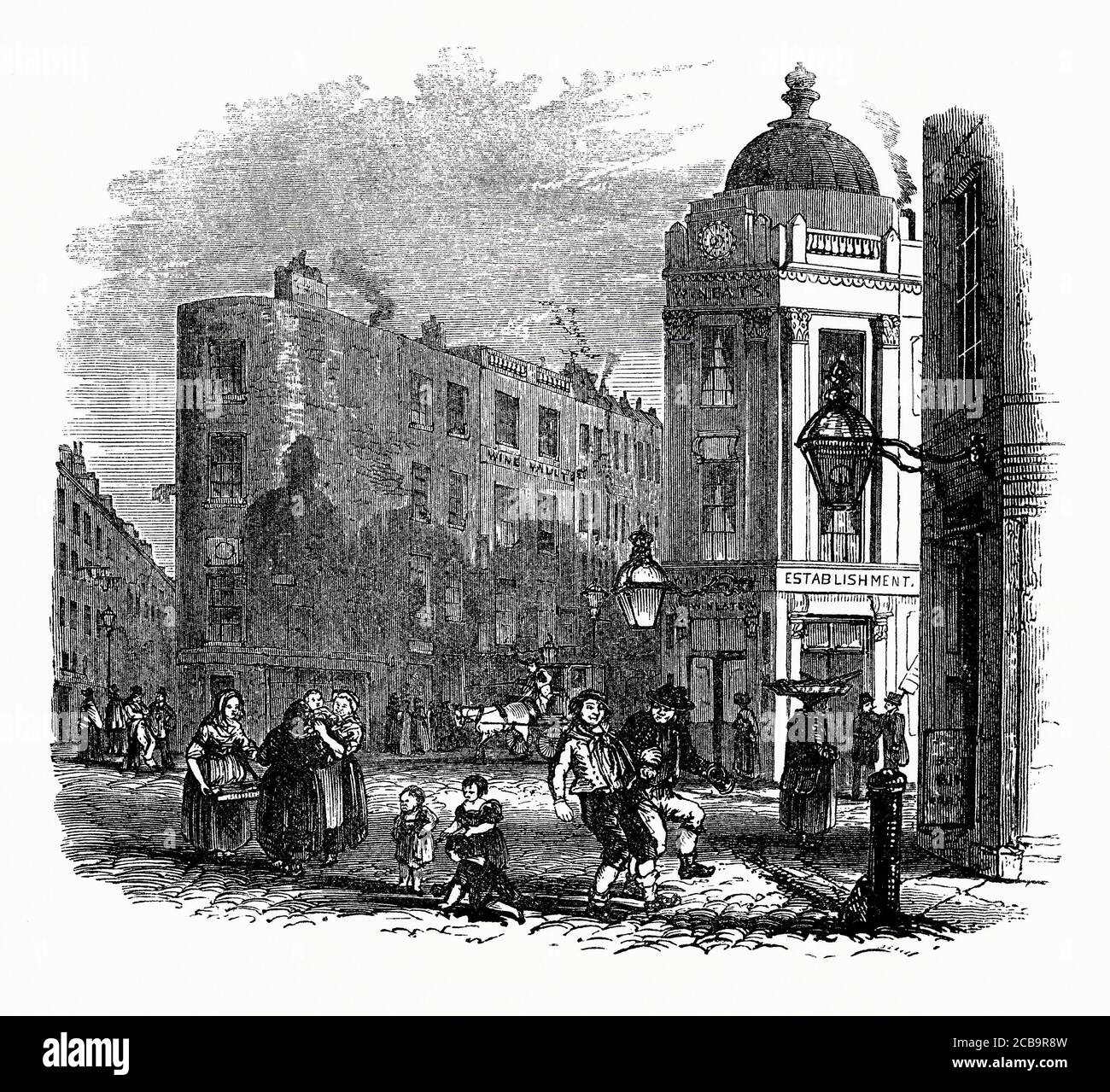 An old engraving of people out and about at Seven Dials, Camden, London, England, UK during the Victorian era. Seven Dials is a road junction (and area). Seven streets converge at circular junction, at the centre of which is a column bearing six sundials. Thomas Neale designed its plan in the 1690s. He hoped that Seven Dials would be popular with wealthy residents but the area gradually deteriorated. In the 1800s Seven Dials was among the worst slums in London. However, today buildings have been restored and Seven Dials is a prosperous district. Stock Photo